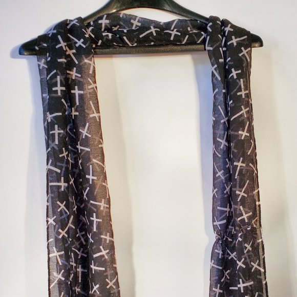 Black and White Sheer Scarf with Crosses - Picture 1 of 2